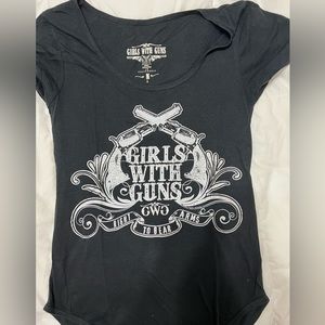 Size Medium, black sparkly Girls With Guns t shirt.